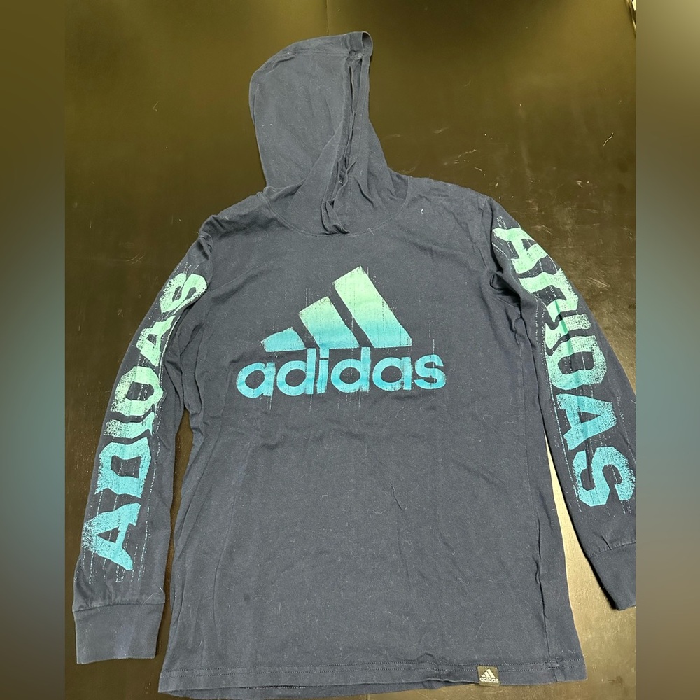 Boy’s Adidas Dark Blue Hoodie T-Shirt with Light Blue Logo | Size M 10/12